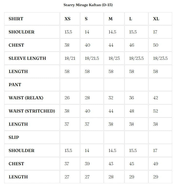 Size Chart for Nurae '26 - Starry Mirage Kaftan (D-15)