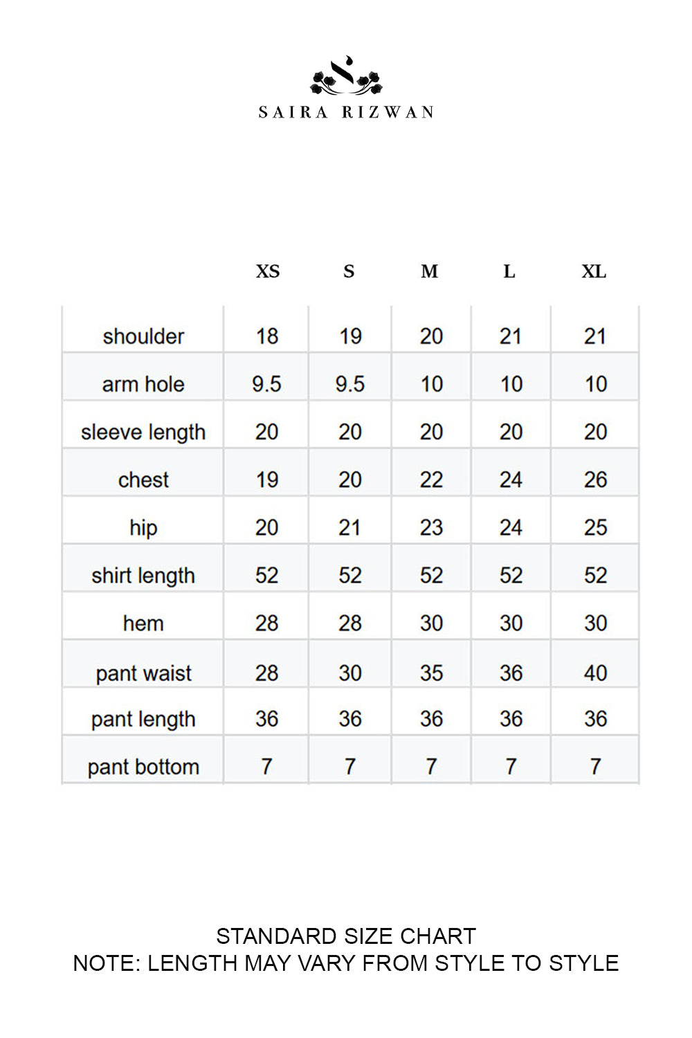 Size Chart for Silk Pret '25 - NERIAH - SRSP-25-07