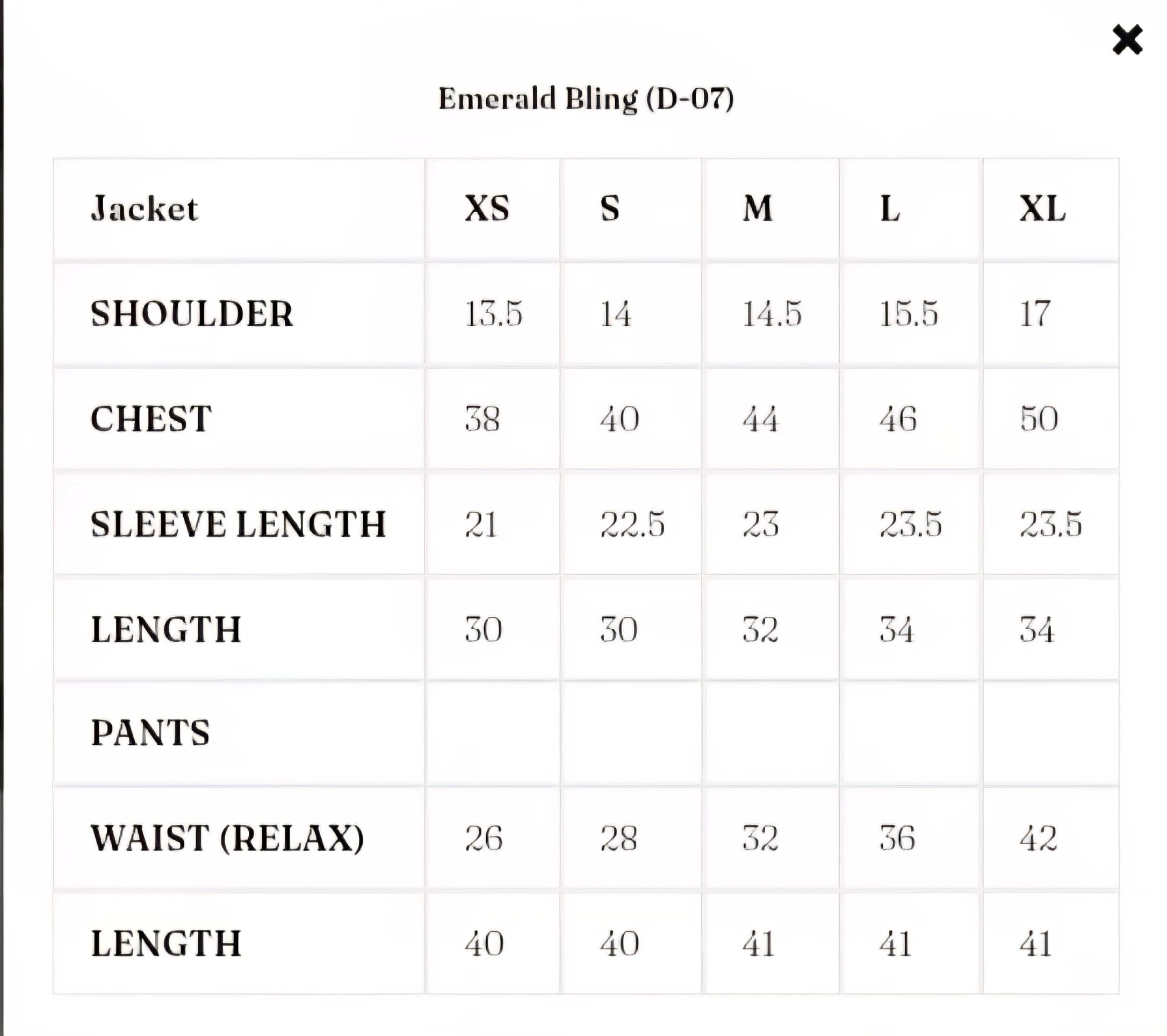 Size Chart for Solenne '25 - Emerald Bling (D-07)