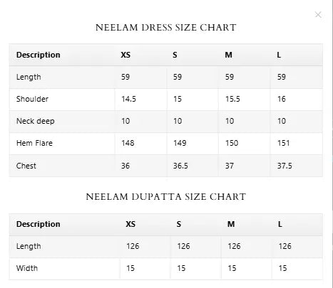 Size Chart for Spring Summer '26 - Neelam