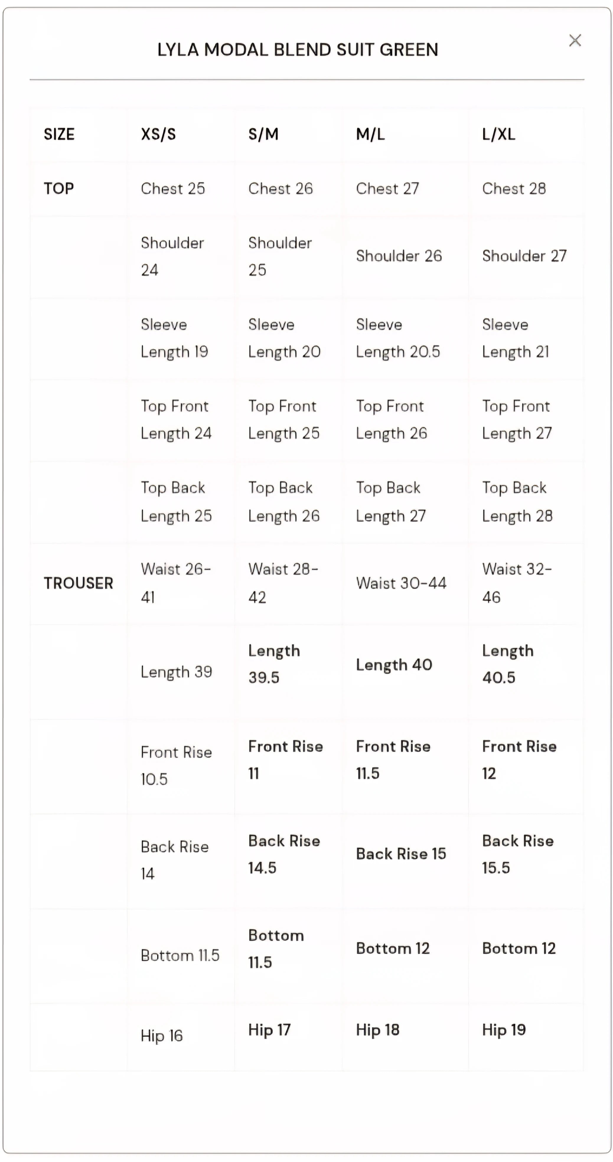 Size Chart for New In '25 - Lyla Modal Blend Suit Green