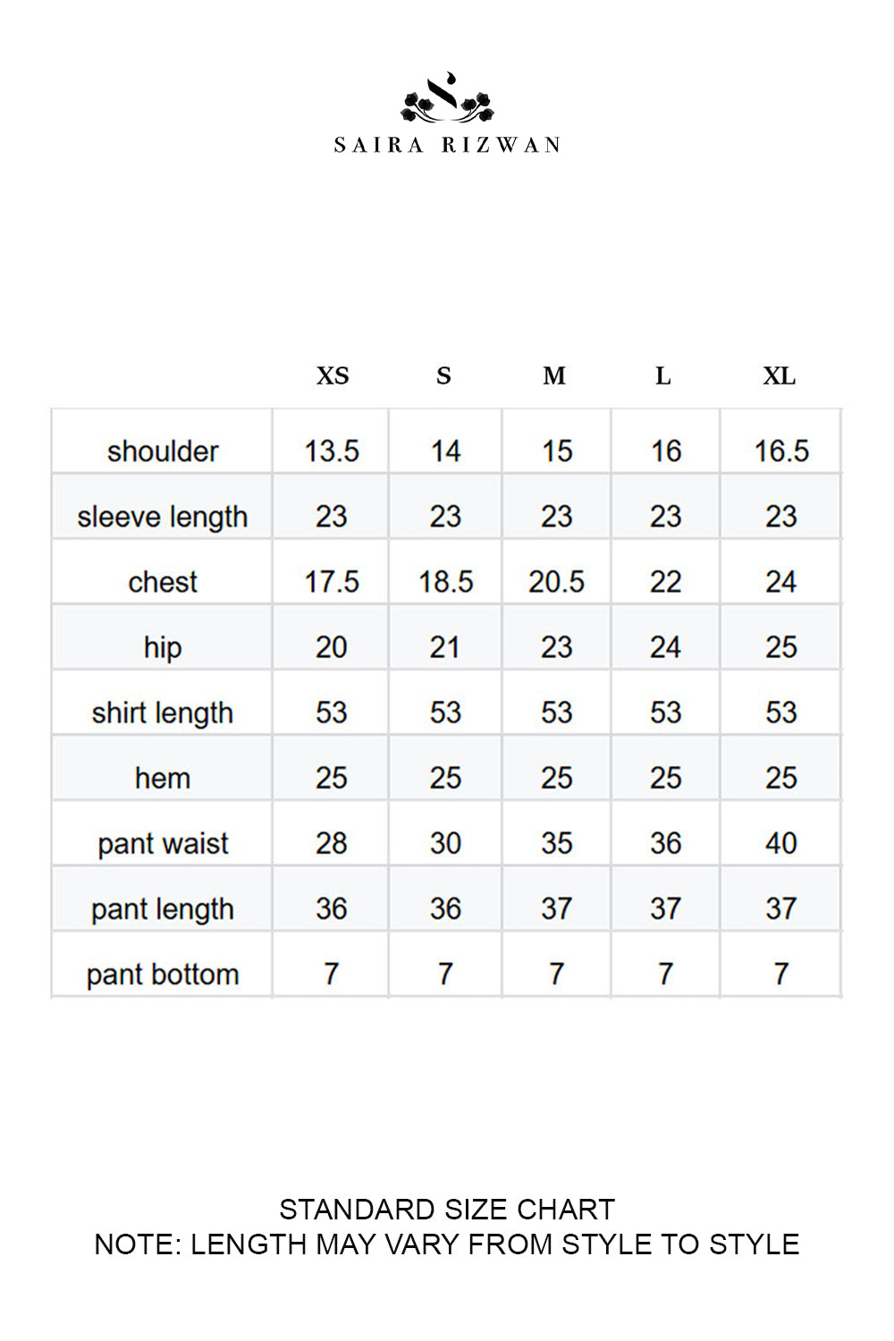 Size Chart for Silk Pret '25 - RIWAAZ - SRSP-25-09