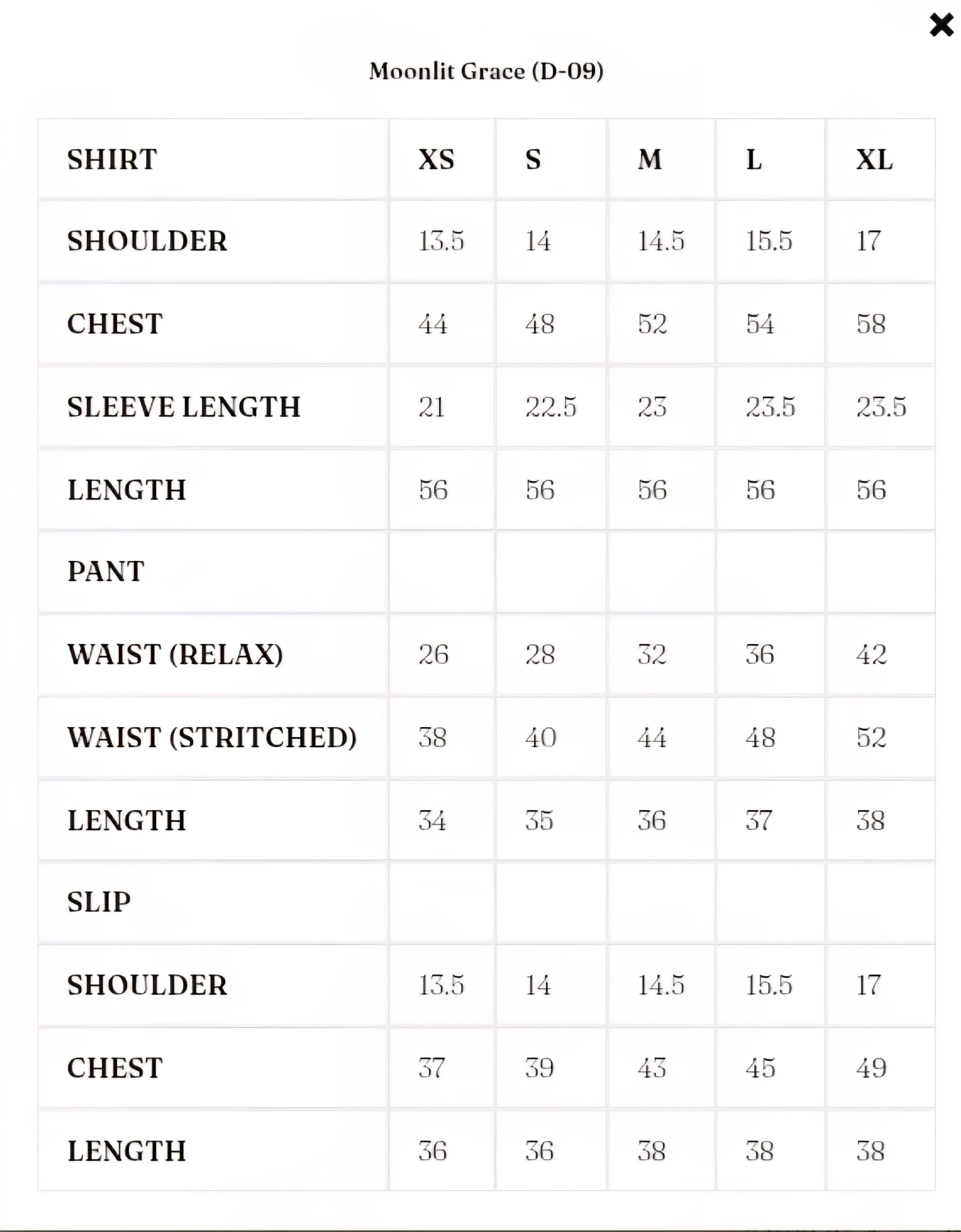 Size Chart for Solenne '25 - Moonlit Grace (D-09)