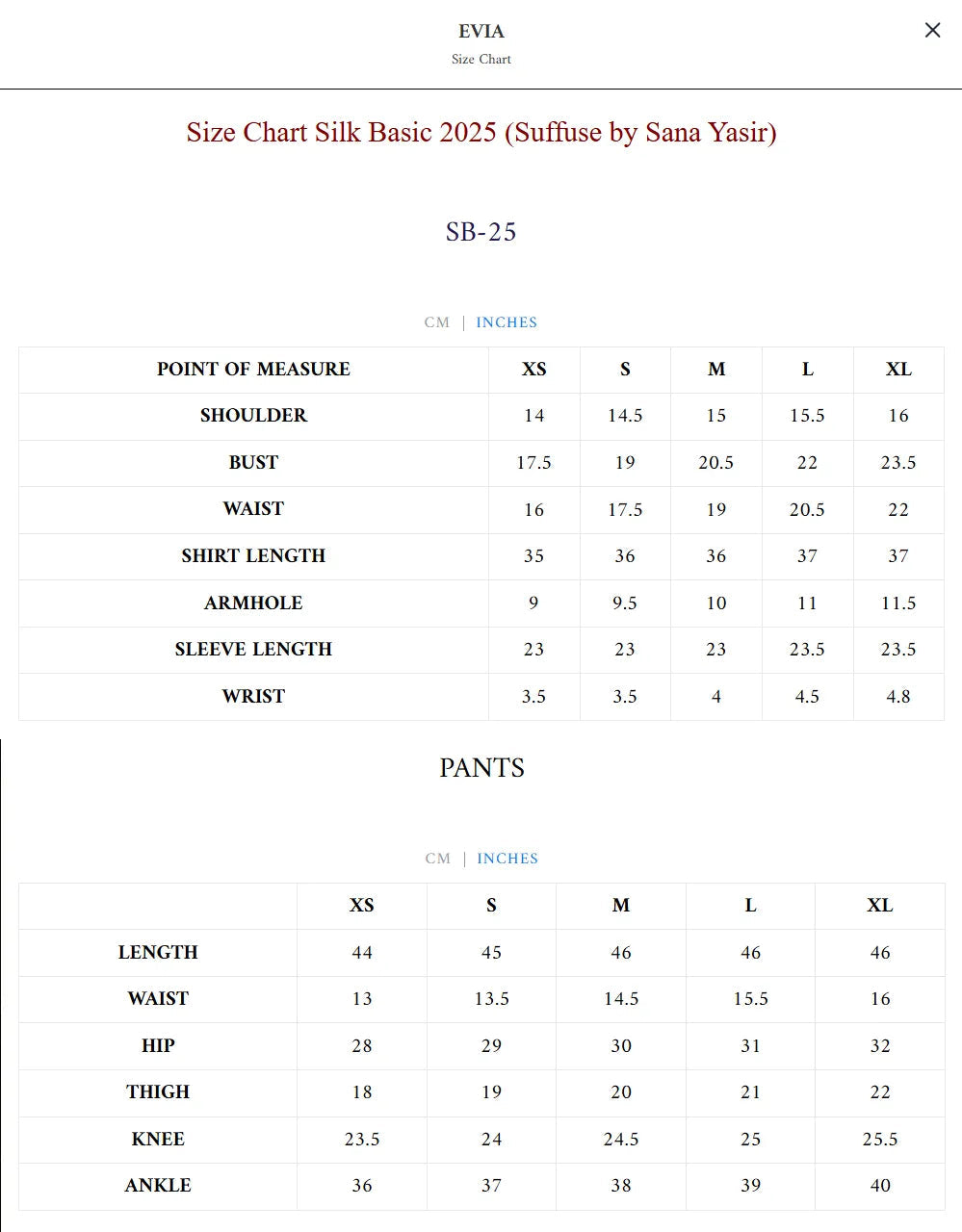 Size Chart for Silk Pret Fall '25 - Evia