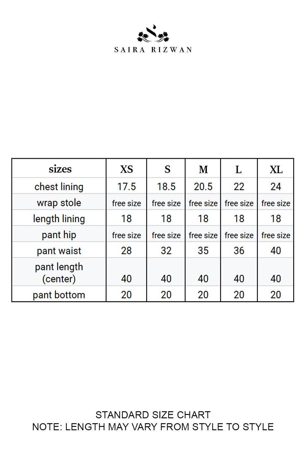 Size Chart for Silk Pret '25 - SERAI - SRSP-25-12