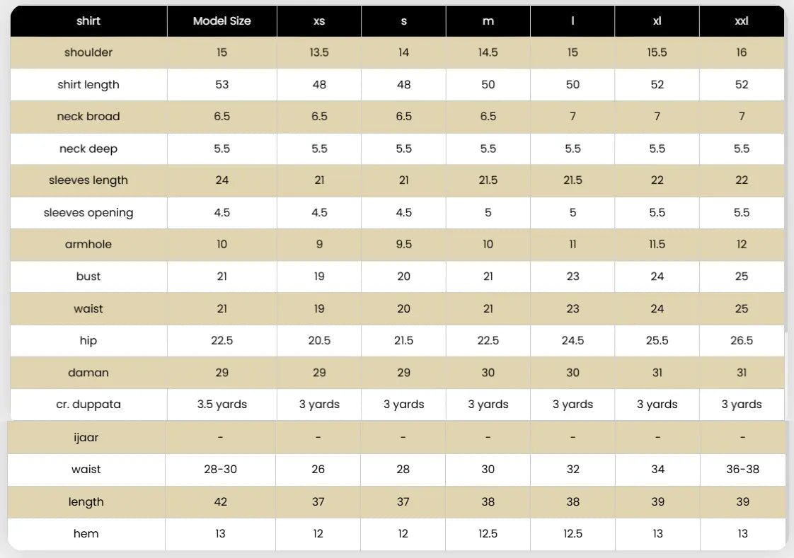 Size Chart for New Drop '25 - DW-07