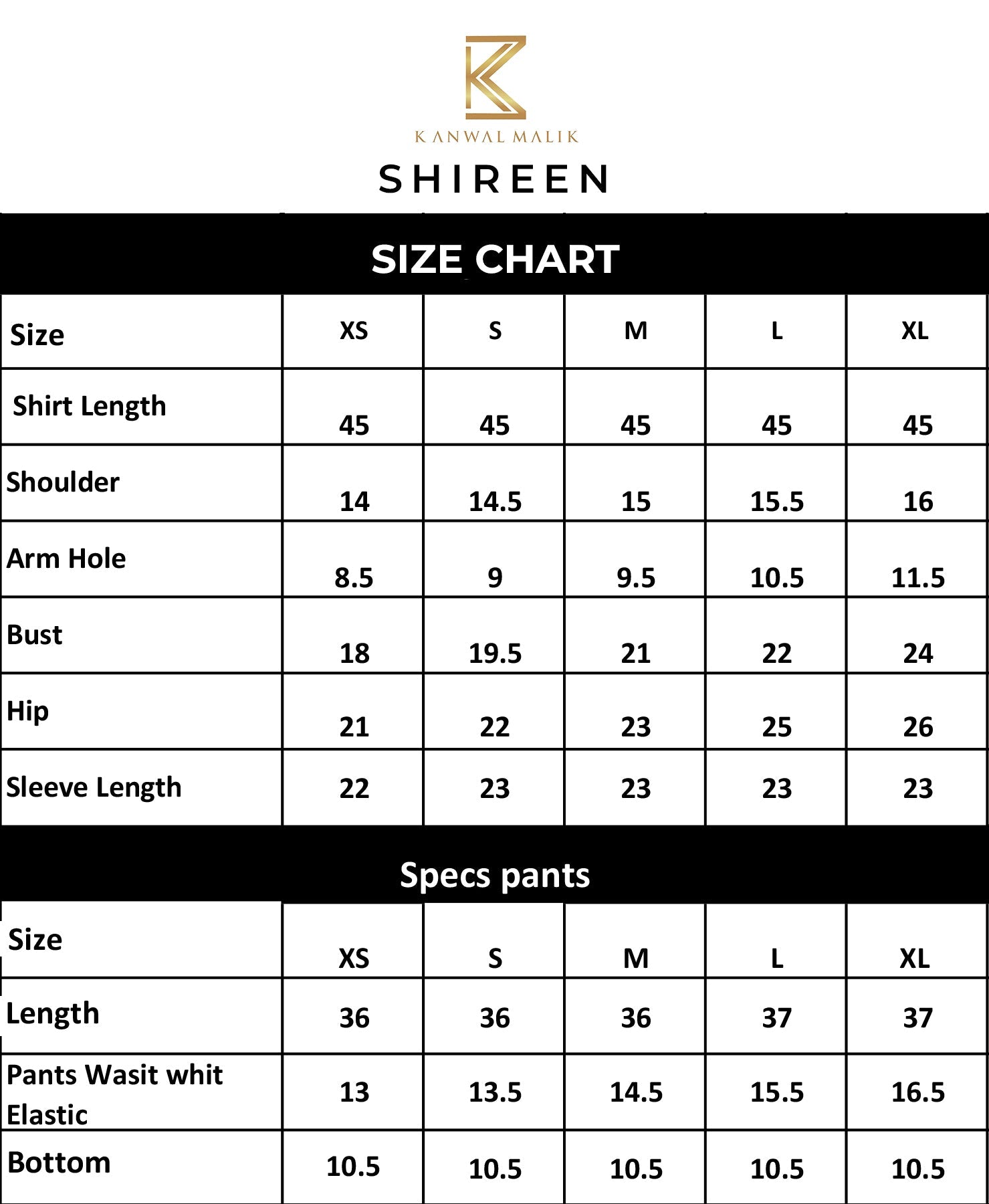 Size Chart for Shireen