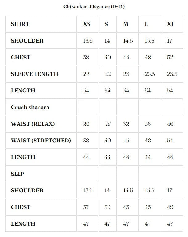 Size Chart for Nurae '26 - Chikankari Elegance (D-14)