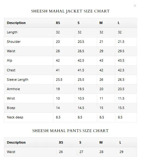 Size Chart for Spring Summer '26 - Sheesh Mahal