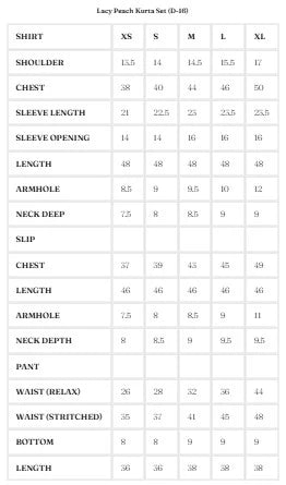 Size Chart for Nurae '26 - Lacy Peach Kurta Set (D-16)
