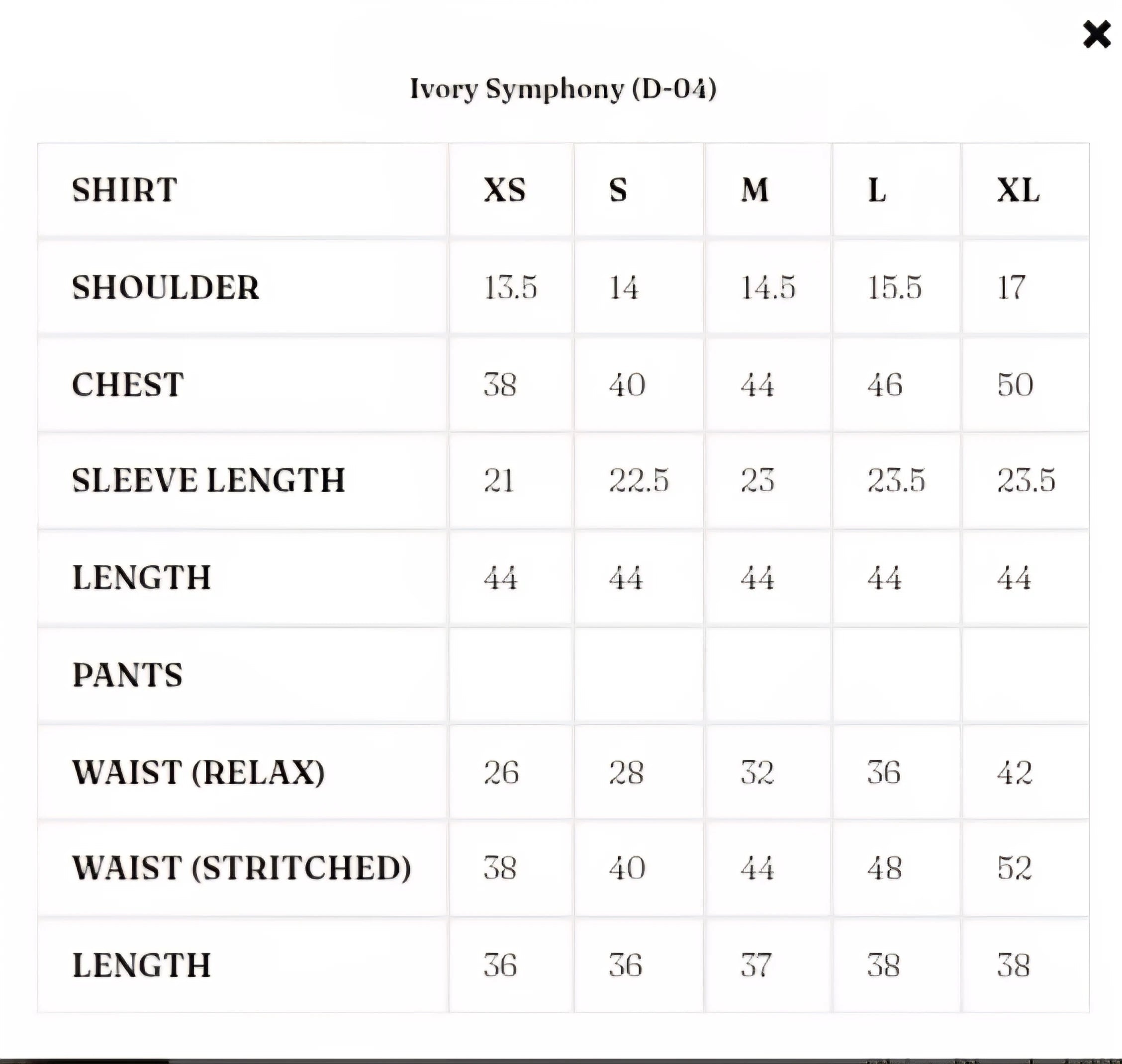 Size Chart for Solenne '25 - Ivory Symphony (D-04)