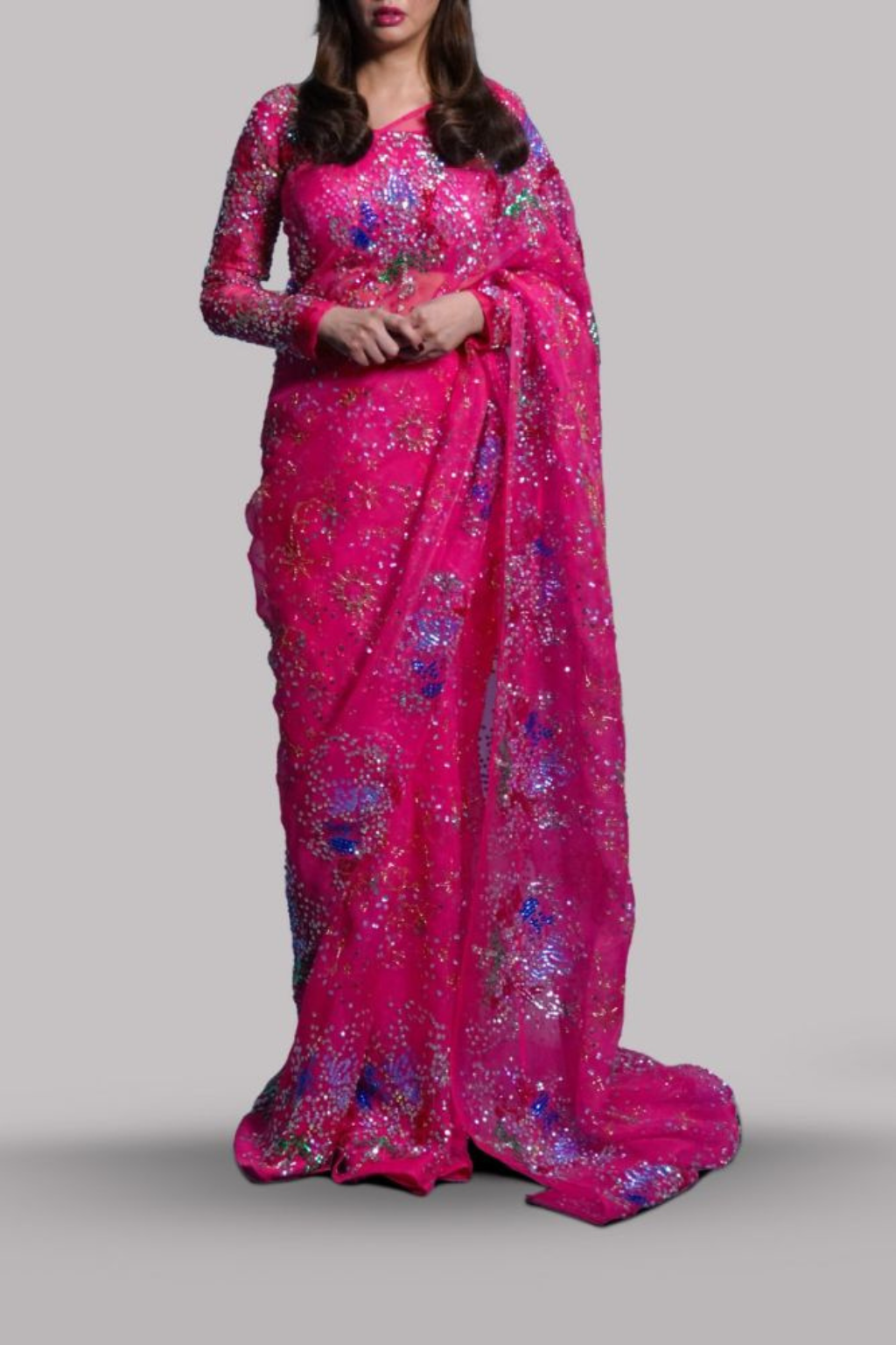 CAMELLIA PINK EMBELLISHED ORGANZA SARI