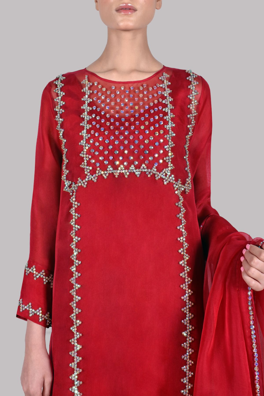 TANGO RED EMBELLISHED ORGANZA SET - second image