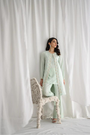 FIONA Mint Silk Cape with Hand Embroidery 
