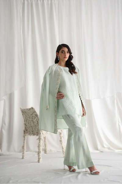 FIONA Mint Silk Cape with Hand Embroidery 