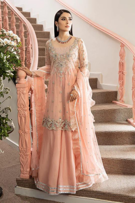 Mia - French peachy pink Net Hand Embroidered Dress