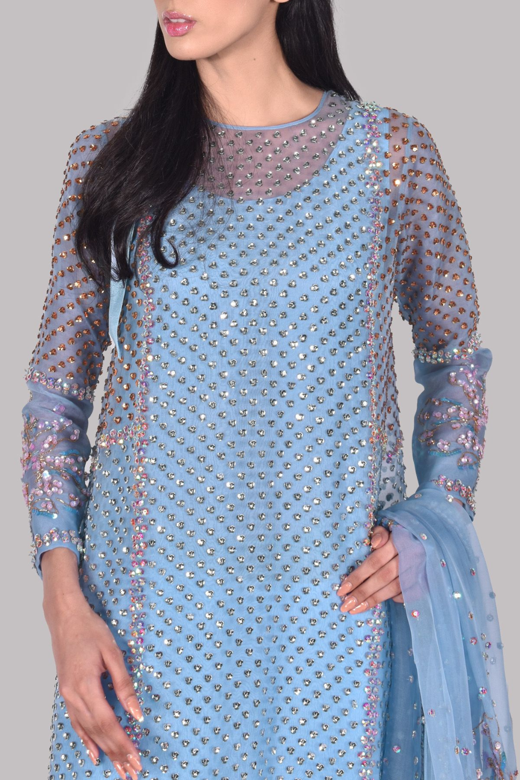 CASHMERE BLUE EMBELLISHED ORGANZA SET - second image