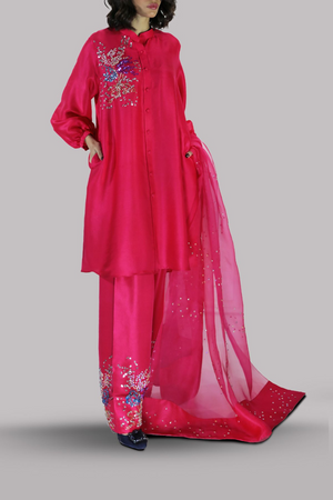 VIRTUAL PINK EMBELLISHED RAW SILK SET