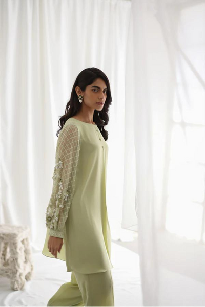 HARPER Light Olive Green Georgette Shirt with Hand Work