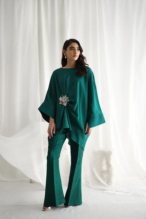 ZAYLA Emerald Green Asymmetrical Silk Top 