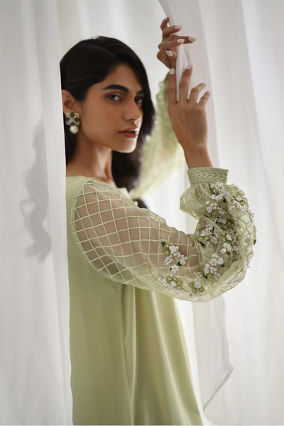 HARPER Light Olive Green Georgette Shirt with Hand Work