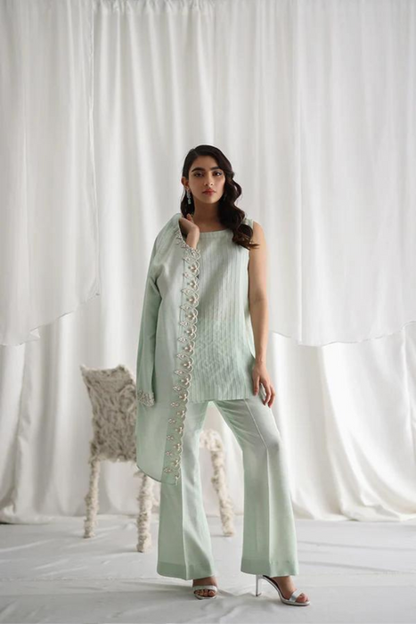 FIONA Mint Silk Cape with Hand Embroidery 