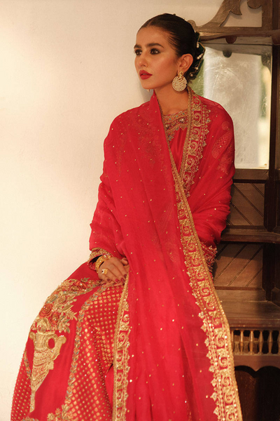HUMAIDA Crimson Red Pure Raw Silk Ensemble