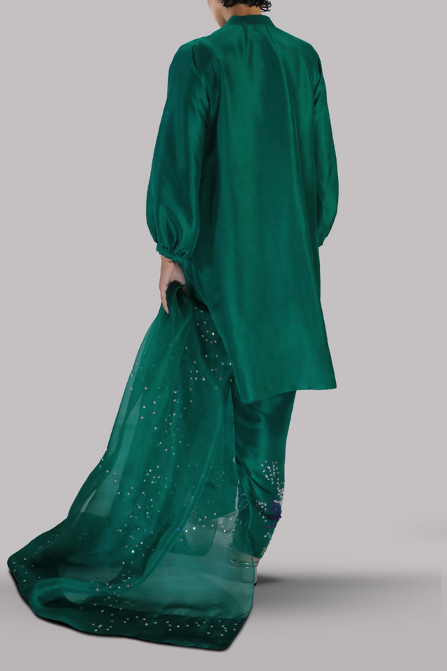 GALAPAGOS GREEN EMBELLISHED RAW SILK SET