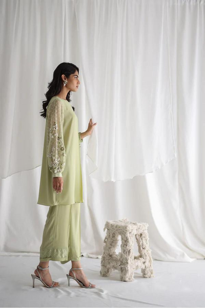 HARPER Light Olive Green Georgette Shirt with Hand Work