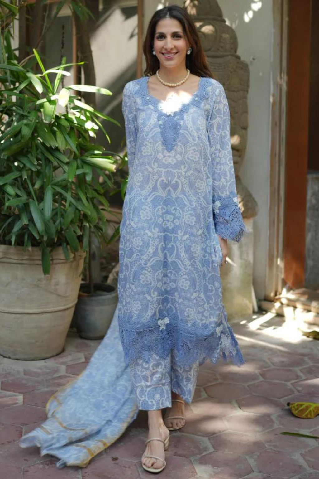 SUMMER LAWN'24- CHANTILLY LACE ON CERULEAN BLUE(3pc)