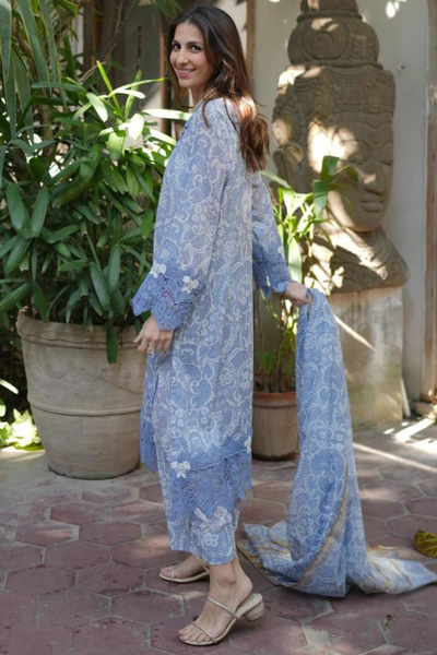 SUMMER LAWN'24- CHANTILLY LACE ON CERULEAN BLUE(3pc)