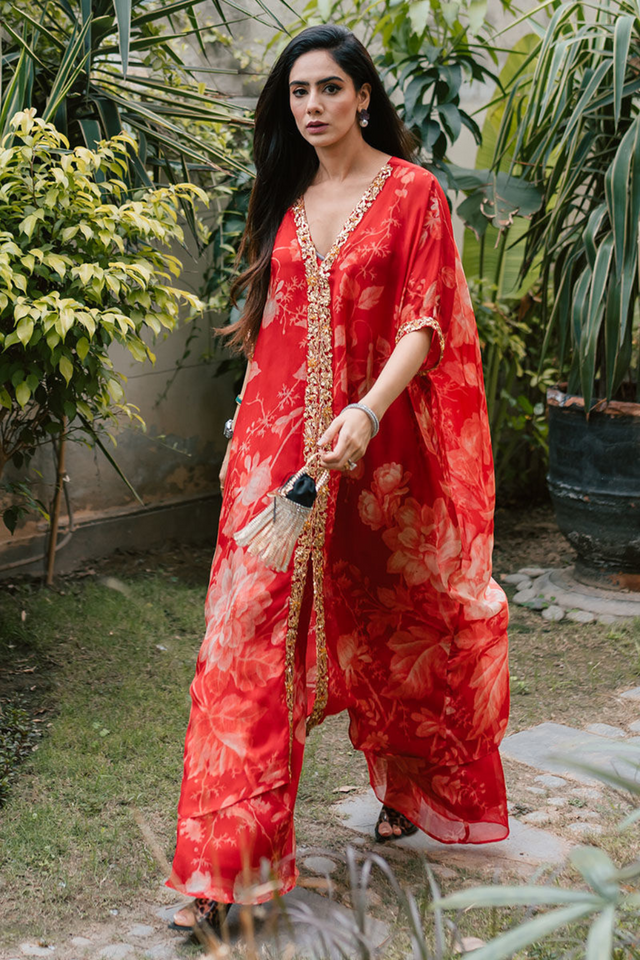 SOHA - Trendy Red Silk Sharara Set by Reema Ahsan Chand Balian