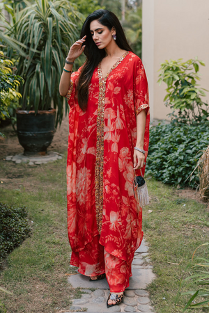 SOHA - Trendy Red Silk Sharara Set by Reema Ahsan Chand Balian