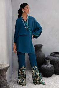 GRACE Elegant Ink Blue Crossover Kimono & Embroidered Pants