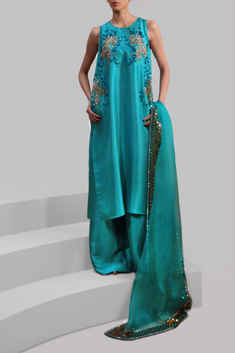 VEREDIAN GREEN EMBELLISHED RAW SILK SET