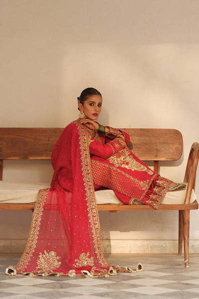 HUMAIDA Crimson Red Pure Raw Silk Ensemble