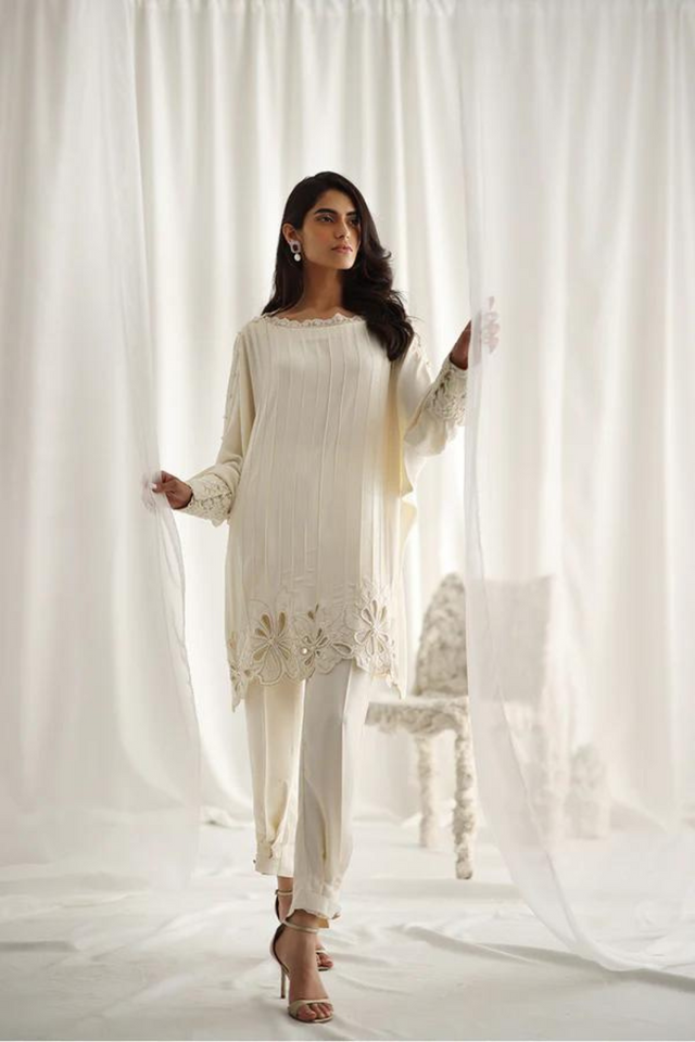 EMMA Ivory Georgette Shirt with Lace Work 