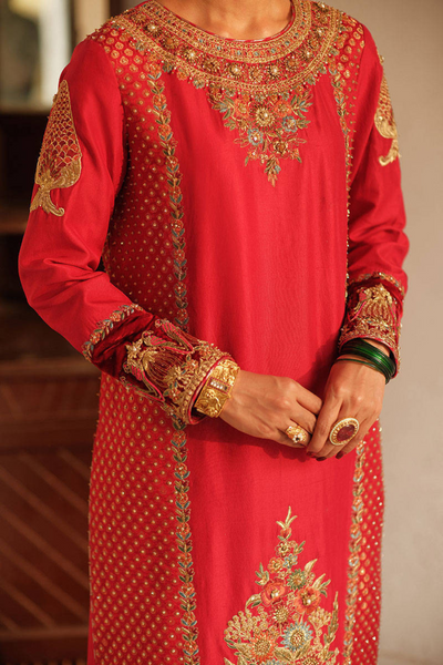 HUMAIDA Crimson Red Pure Raw Silk Ensemble