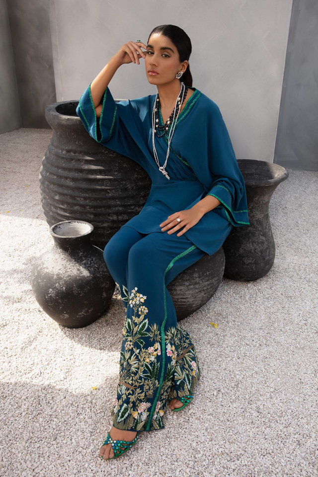 GRACE Elegant Ink Blue Crossover Kimono & Embroidered Pants