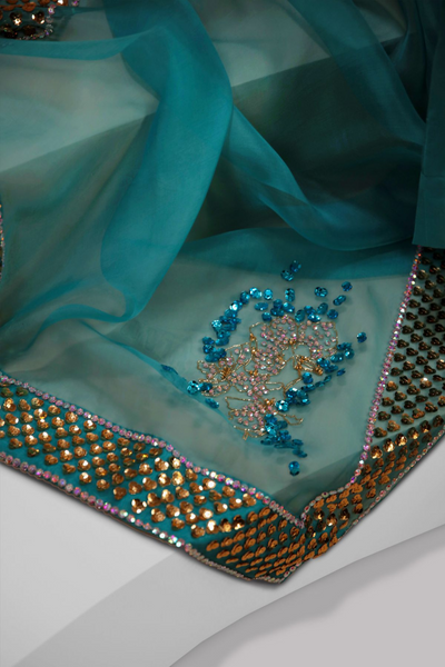 VEREDIAN GREEN EMBELLISHED RAW SILK SET