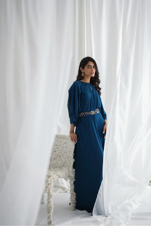 MACIE  Teal Maxi Dress with Hand Embroidered Belt