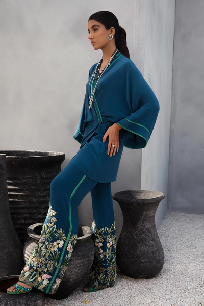GRACE Elegant Ink Blue Crossover Kimono & Embroidered Pants