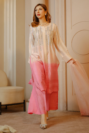 SEHAR - Elegant Beige & Pink Silk Organza Ensemble