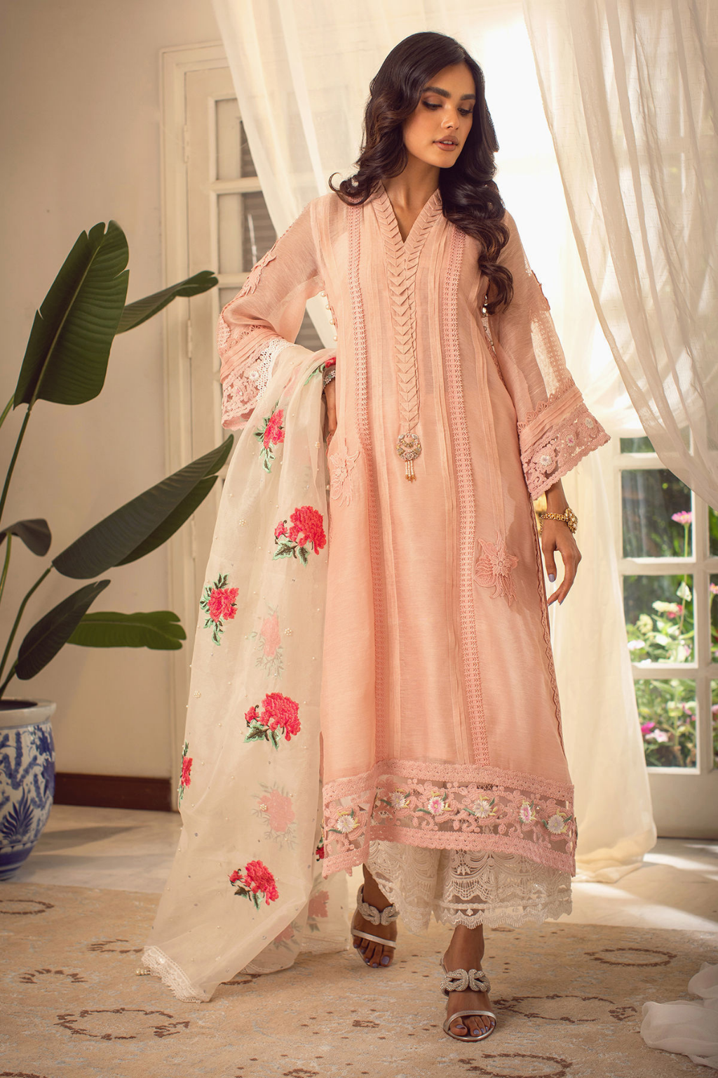 SOHA  Silk Net Subtle Peach Elegance Shirt