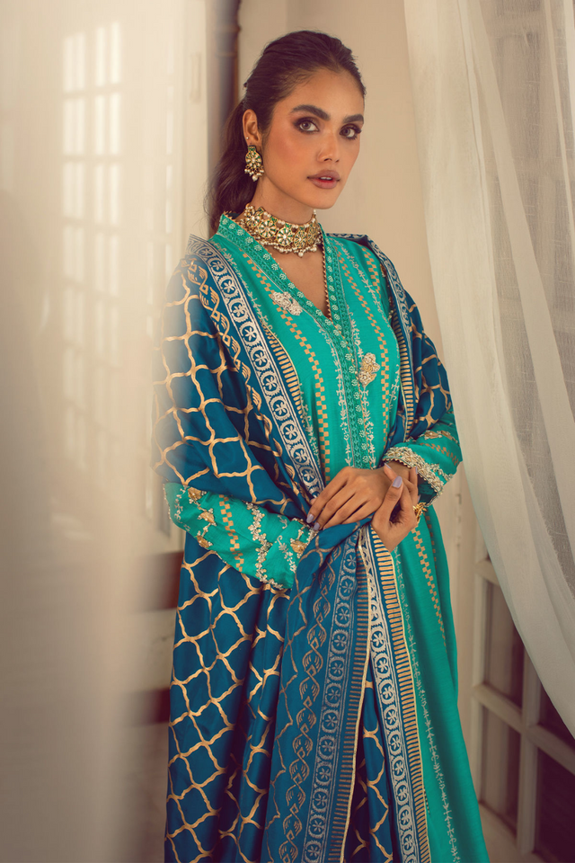 ELHAM Turquoise Khaadi Silk Hand Block Printed Pishwas  by ANNUS ABRAR