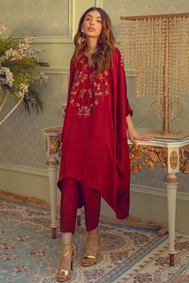 MAISIE Captivating Red Charmeuse Silk Kaftan