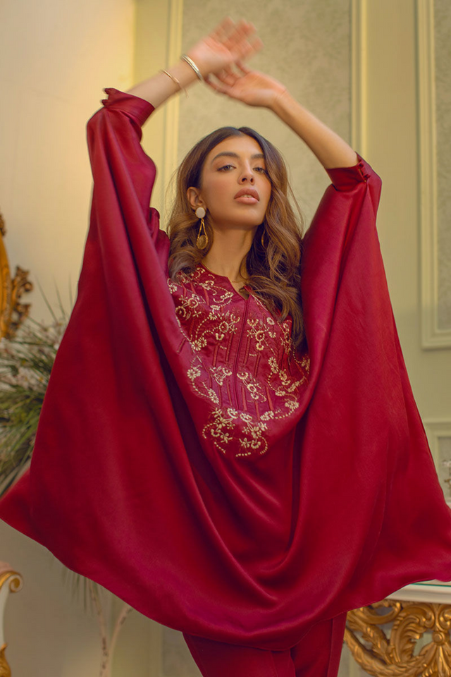 MAISIE Captivating Red Charmeuse Silk Kaftan