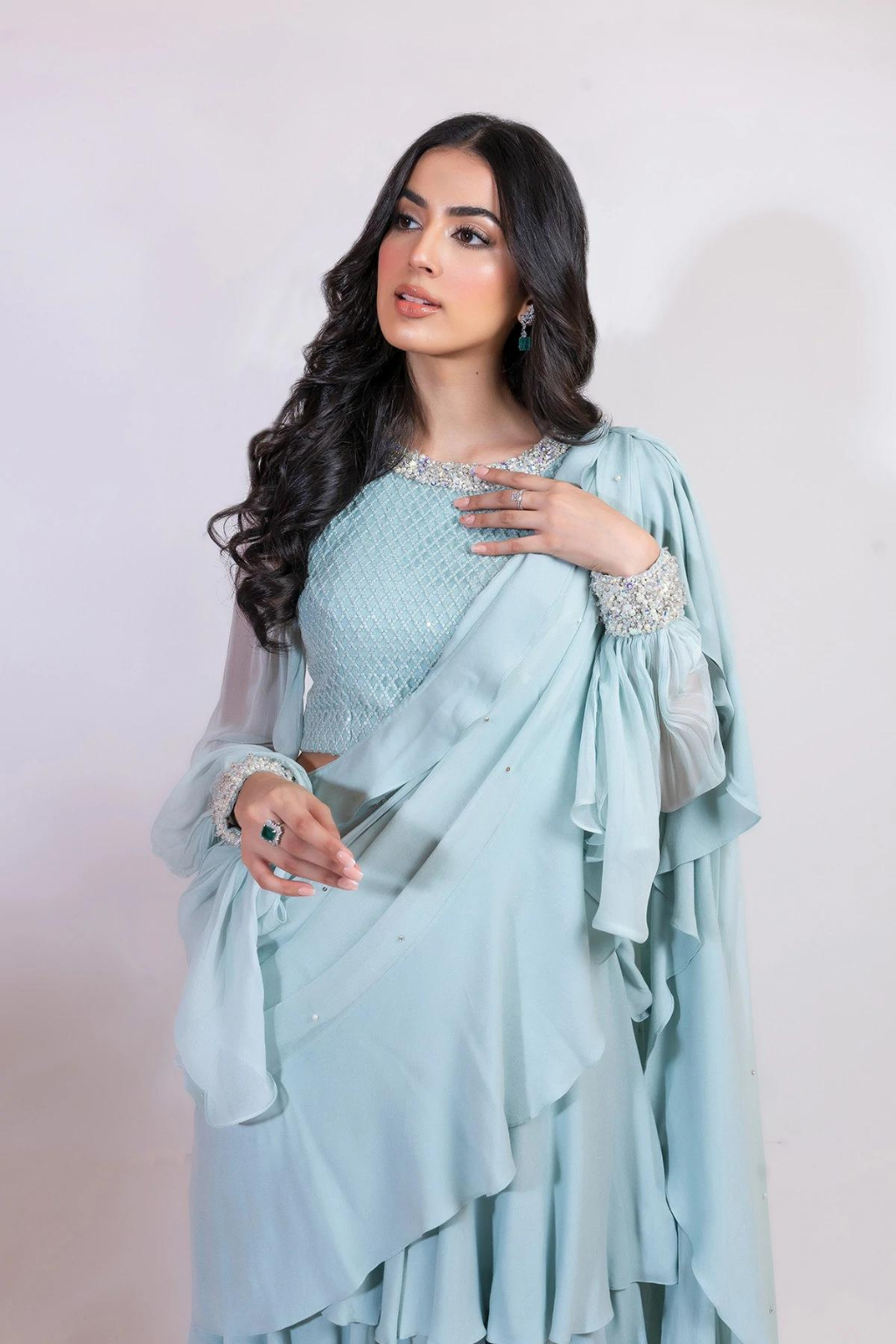 skyblue TIERED LEHNGA SARI 