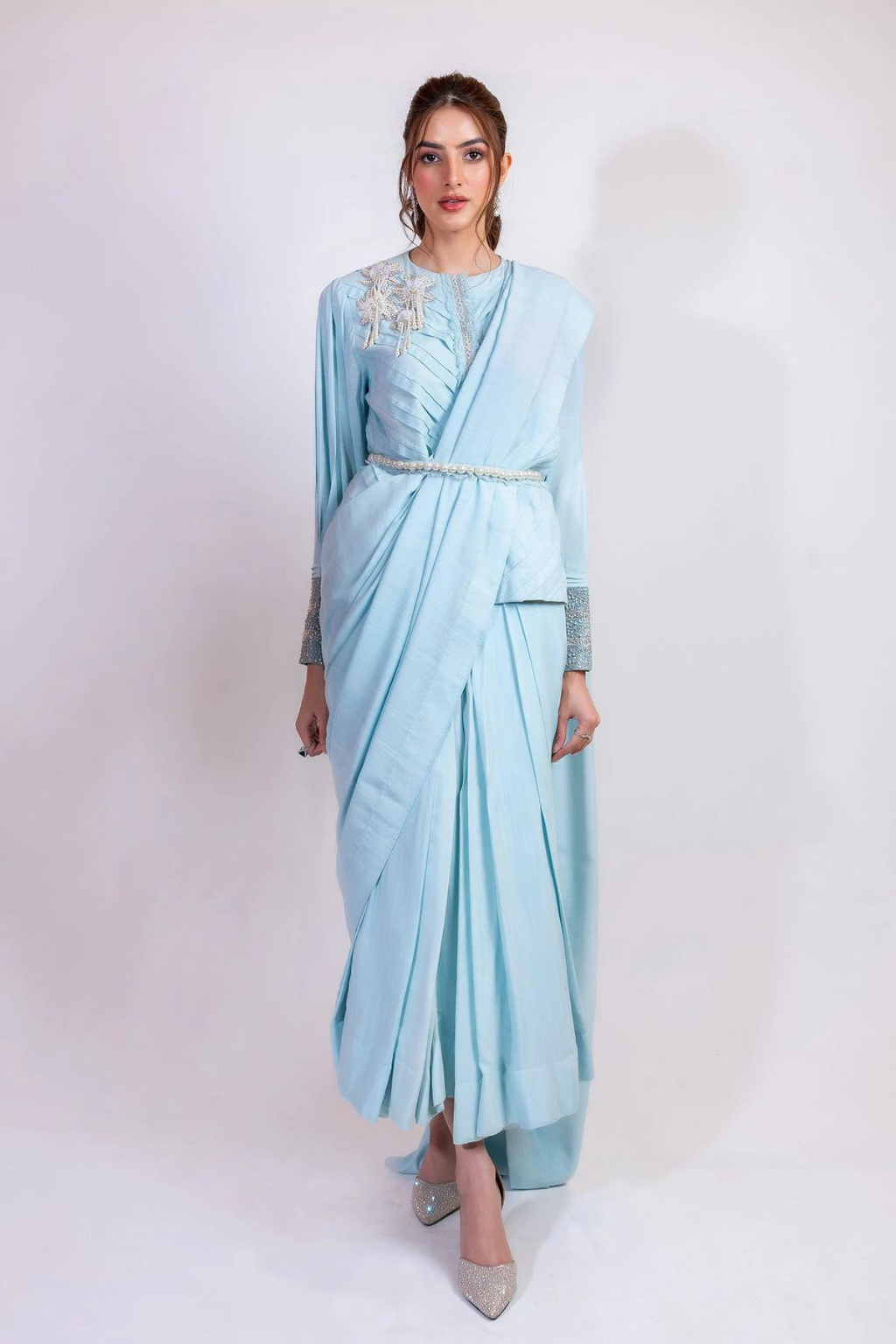 CHIC PLEATED BLOUSE AND SARI SET (D3)