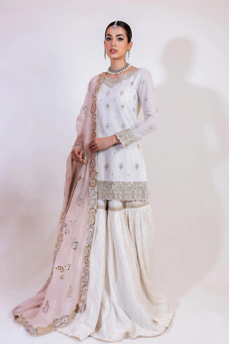 CLASSIC PEARL WHITE AND PEACH GHARARA SET & MUKESH DUPPATA 